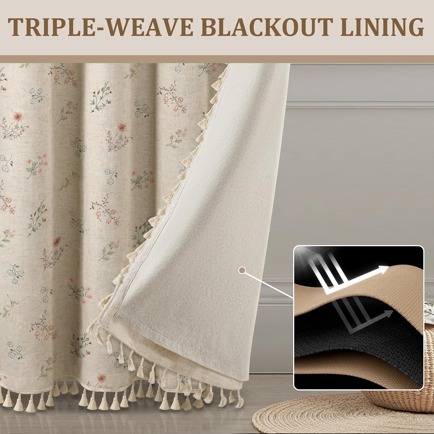 XOGUIBO Boho Floral 100% Blackout Curtains for Bedroom 84 Inch Length 2 Panels Set, Linen Texture Farmhouse Curtains Beige Tassel fo…