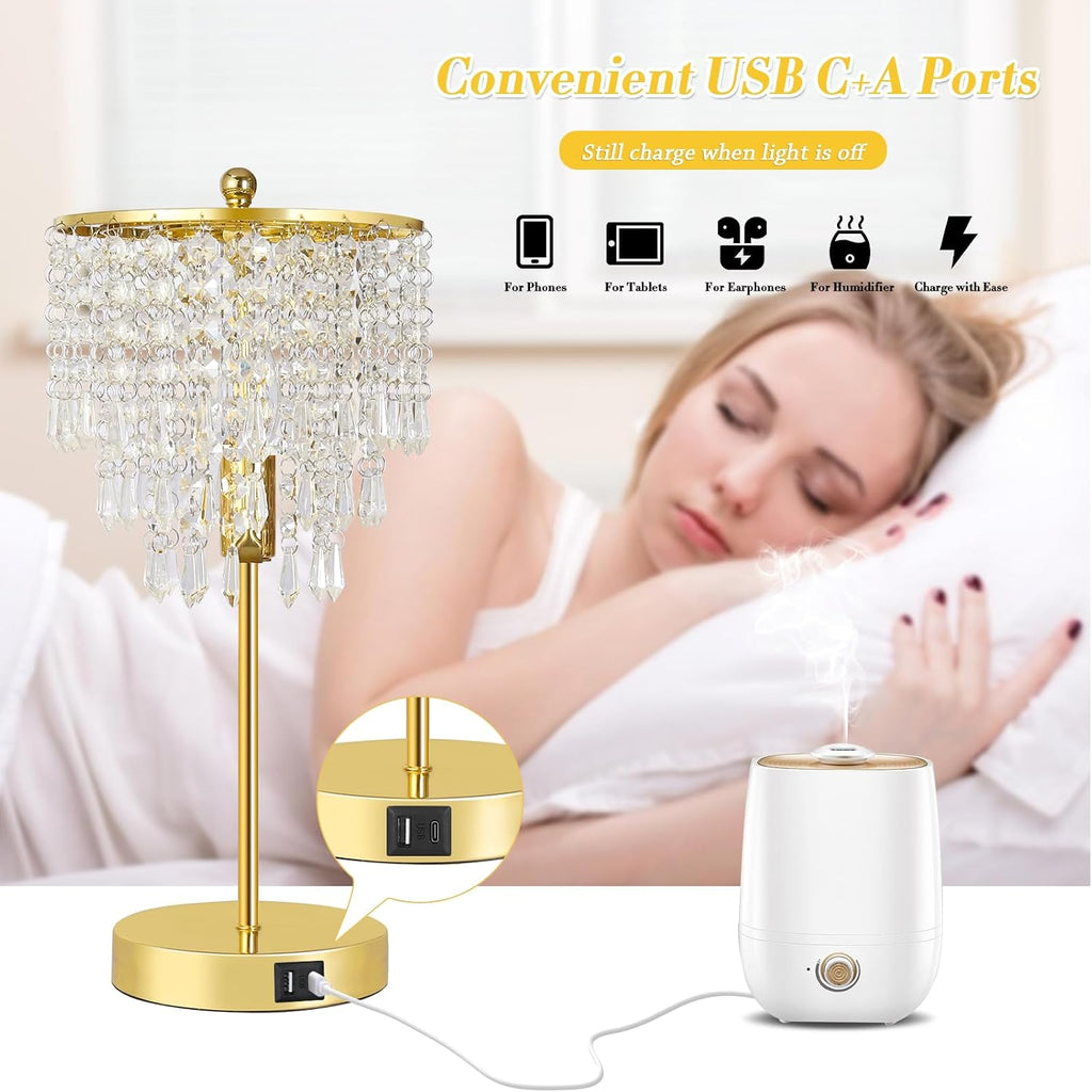 Touch Control Crystal Table Lamp with USB C+A Ports, 3-Way Dimmable Gold Lamp, Bedside Light with Crystal Shade, Girls Lamp for Bedroom…