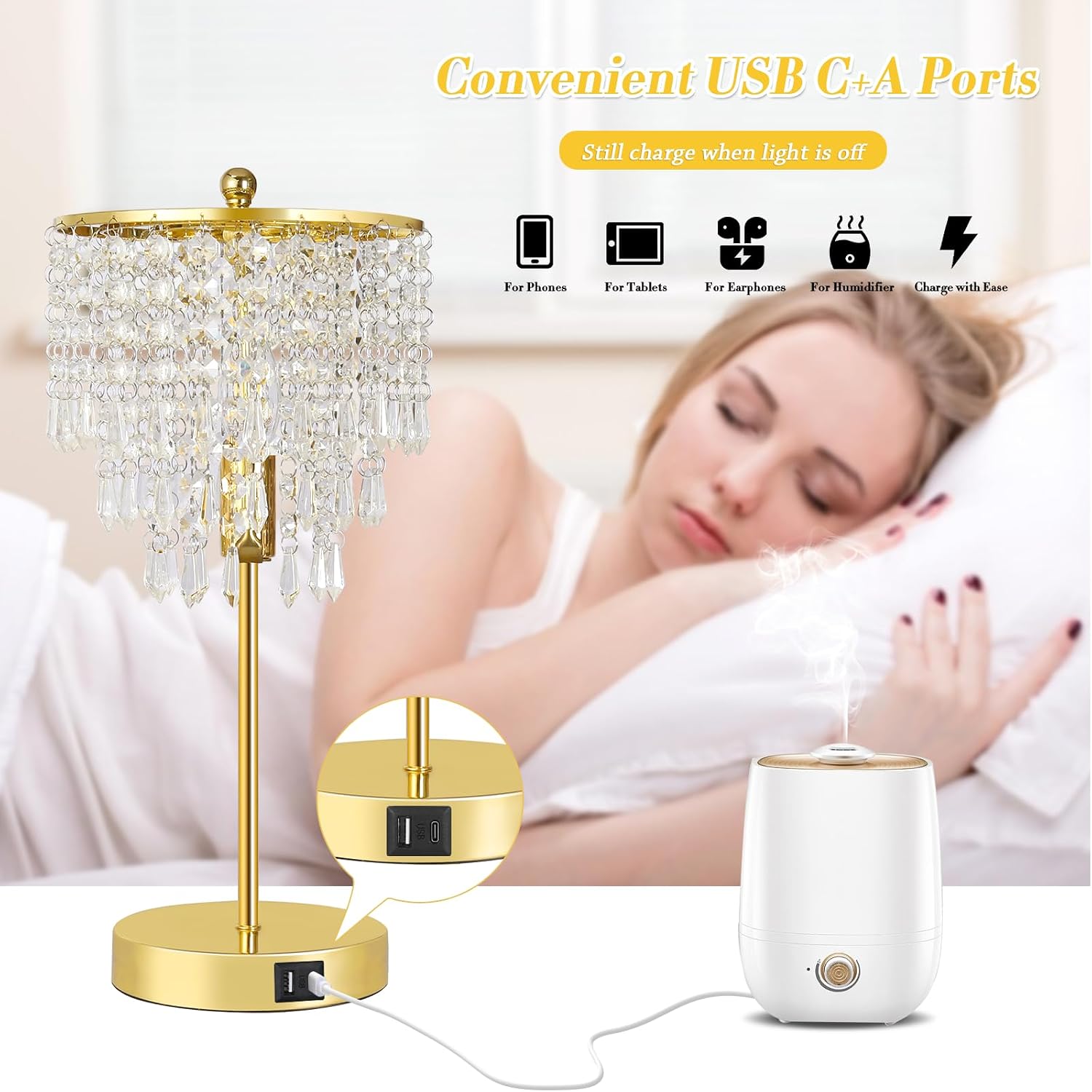 Touch Control Crystal Table Lamp with USB C+A Ports, 3-Way Dimmable Gold Lamp, Bedside Light with Crystal Shade, Girls Lamp for Bedroom…