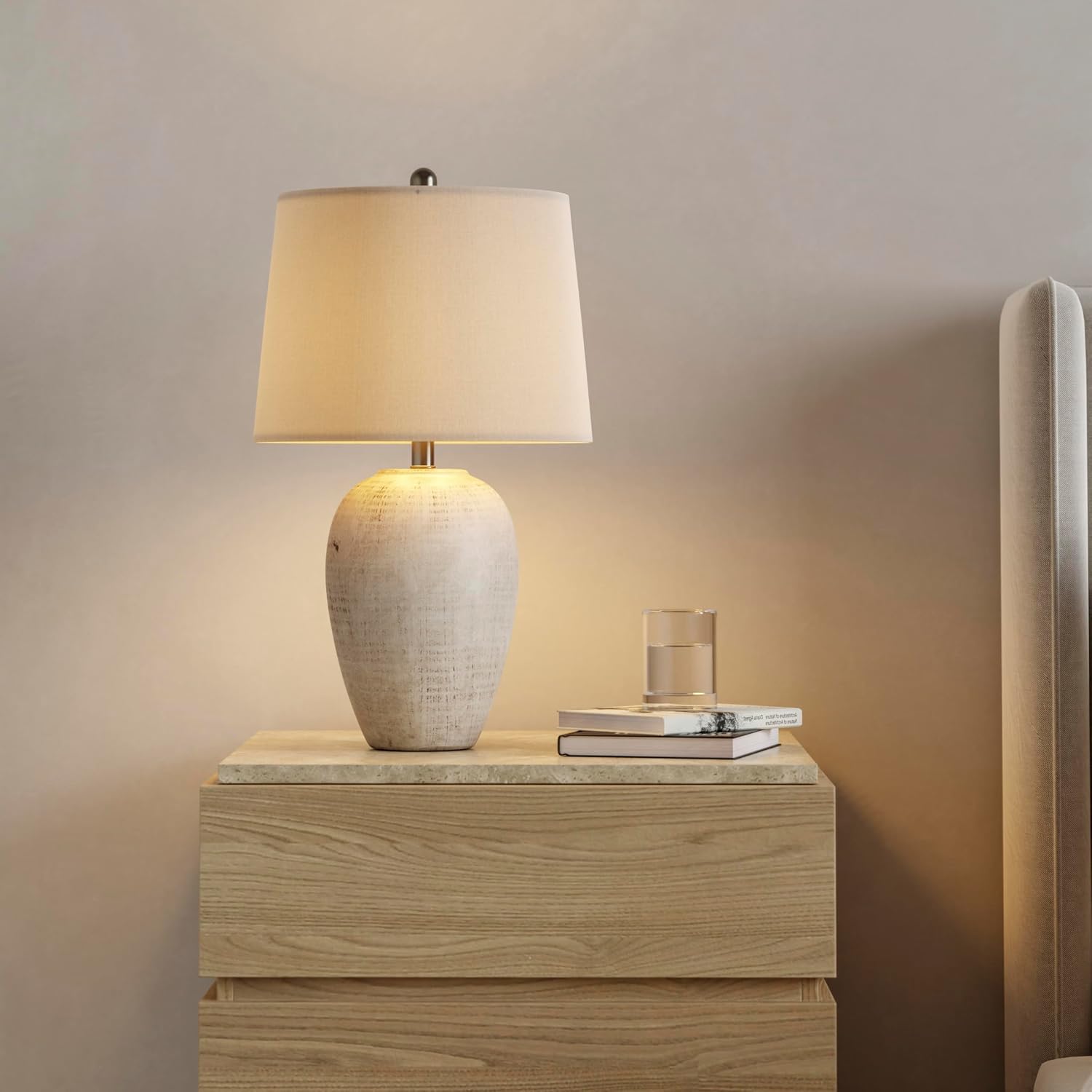 Nourison Home 23" Distressed Cream/Beige Rustic Ceramic Jar Table Lamp for Bedroom, Living Room, Dining Office, with Ivory Shade