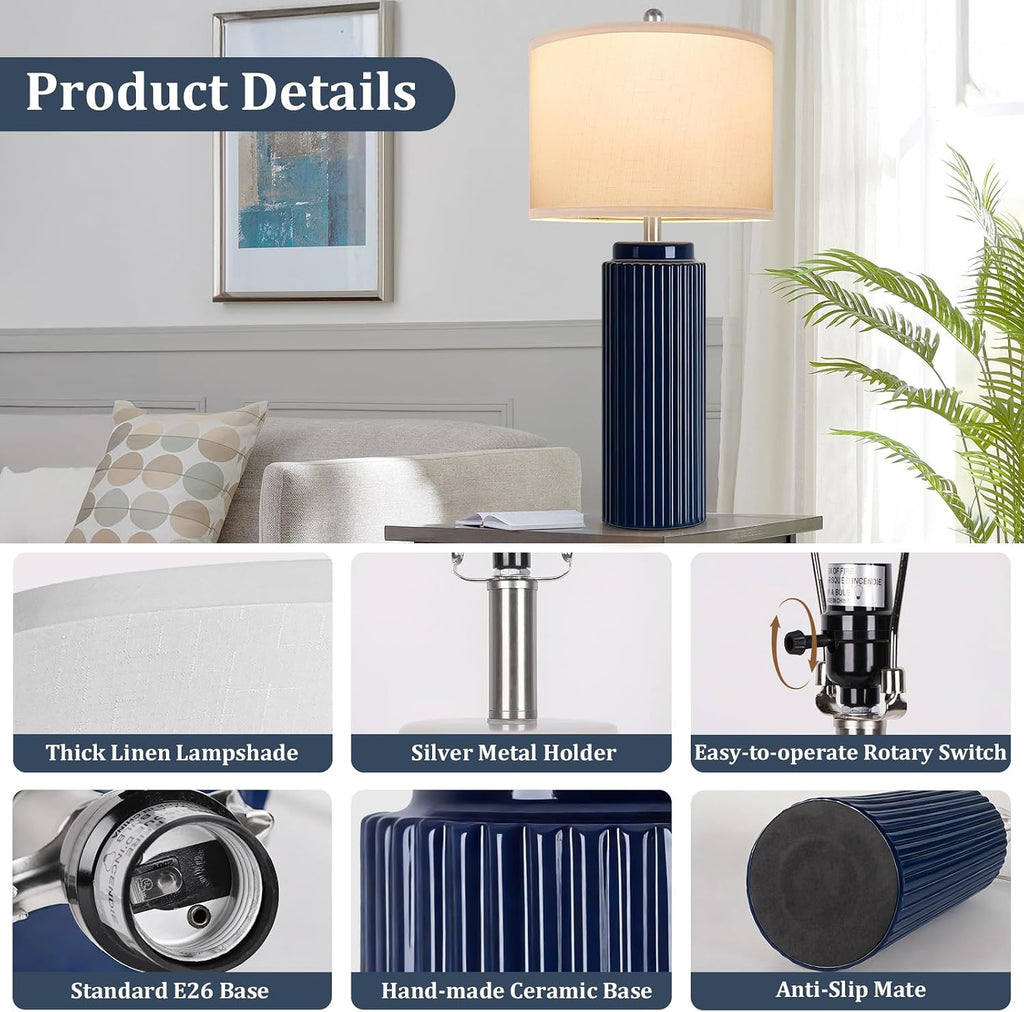 Tobusa 28’’ Modern Ceramic Table Lamps for Living Room Set of 2, Tall Farmhouse Bedside Lamps with Linen Shade, Dark Blue Rustic Nightstand…