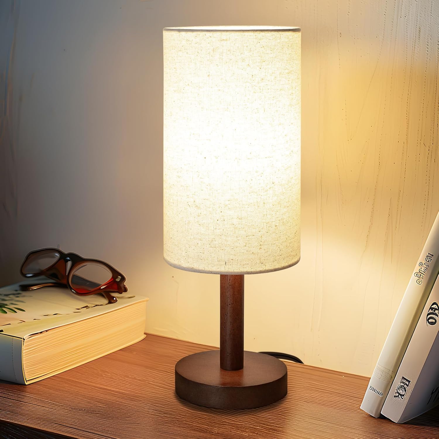 LALISU Small Table Lamp Nightstand Lamp Linen Lampshade Bedroom Wood Base Small Bedside Lamp for Night Stands, Desk Lamps for Reading…