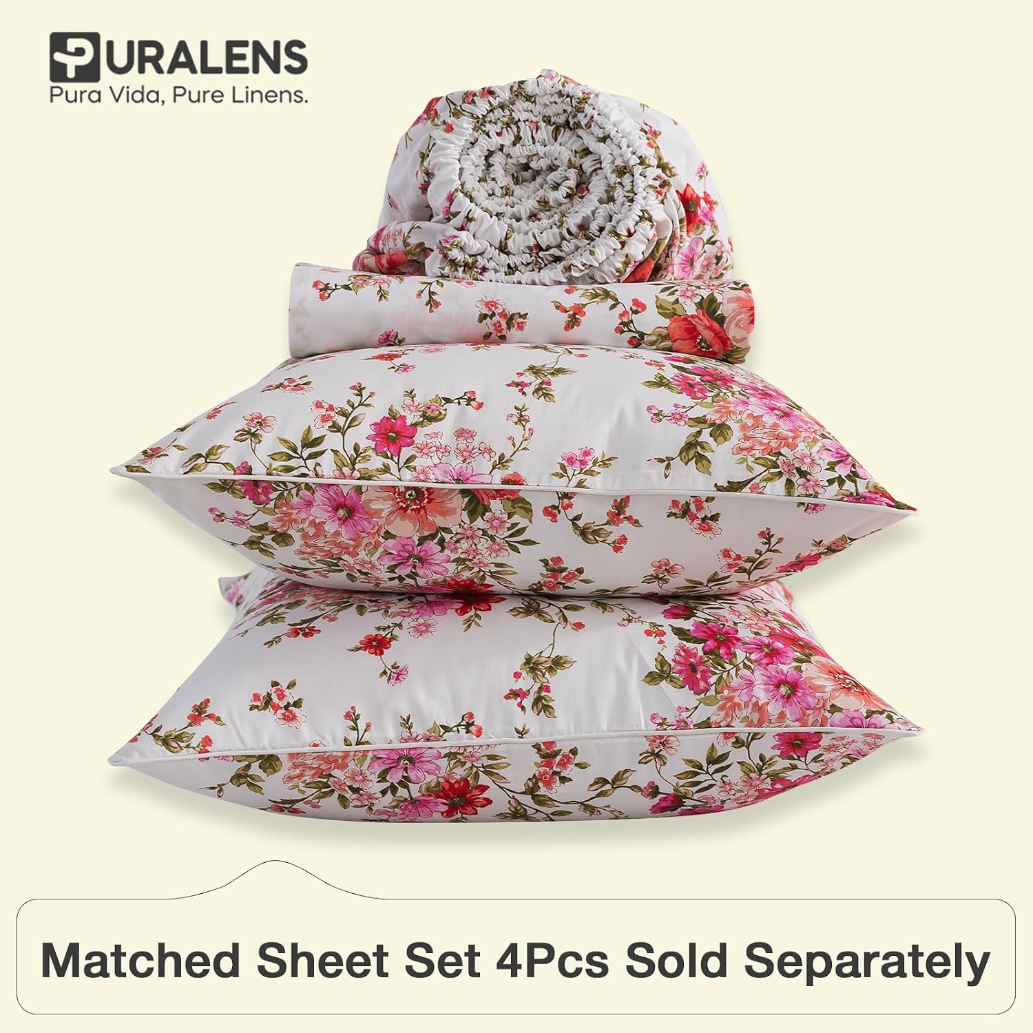 Puralens Pink Floral Boho Duvet Cover Queen Size 100% Cotton 3Pcs Set, White Percale Reversible Shabby Red Flower Print Chic Duvet Covers,…