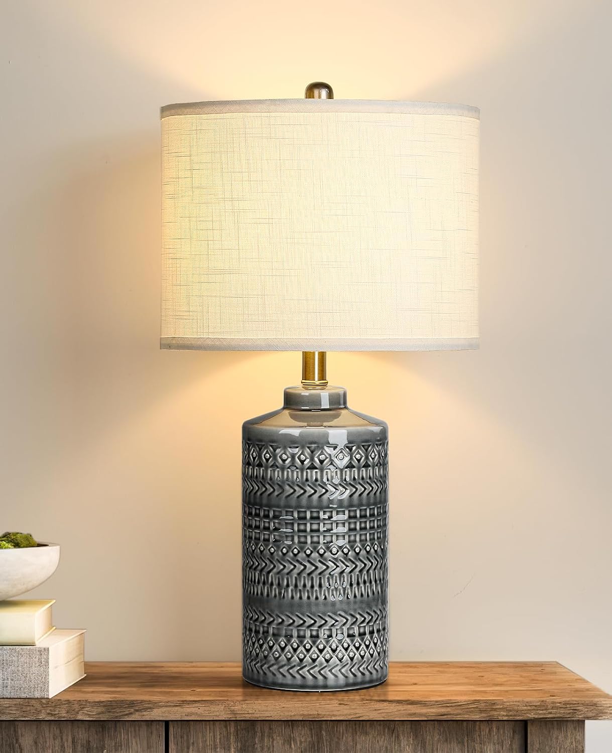 Modern Ceramic Table Lamp, 24.5" Living Room Lamps 3-Way Dimmable Gray Nightstand Lamp with White Shade|Tall Bedside Lamp Desk Decor…