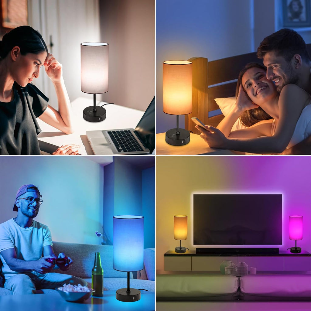 Unicozin Table Lamp for Bedroom, 3 Color Temperatures, 7 RGB Colors, Adjustable Brightness, Dual USB Charging Ports, Ambience Nightstand…