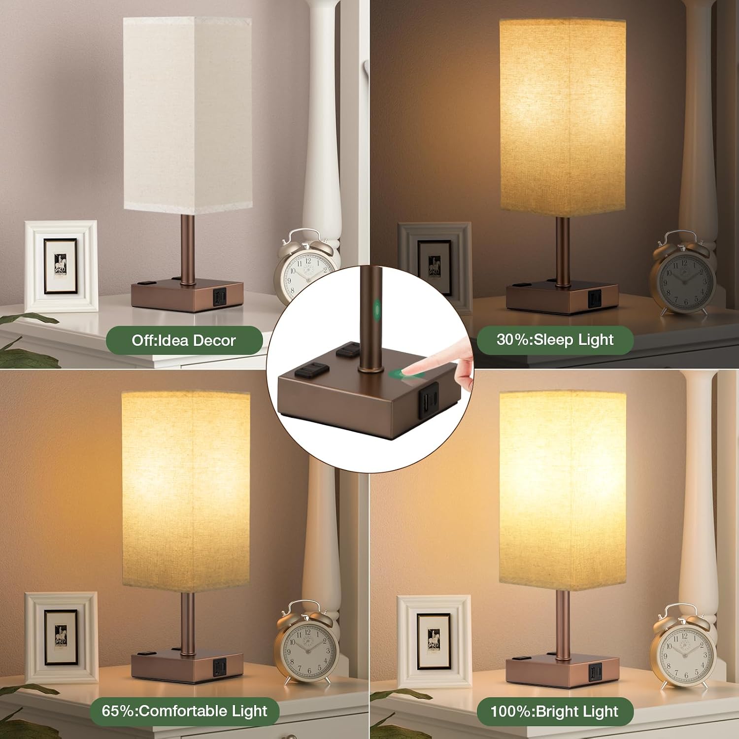 aooshine Brown Base Touch Lamps Set of 2 - Nightstand Lamp with USB-C + A Charge Ports & AC Outlets, 3-Way Dimmable Bedside Lamp, Small…