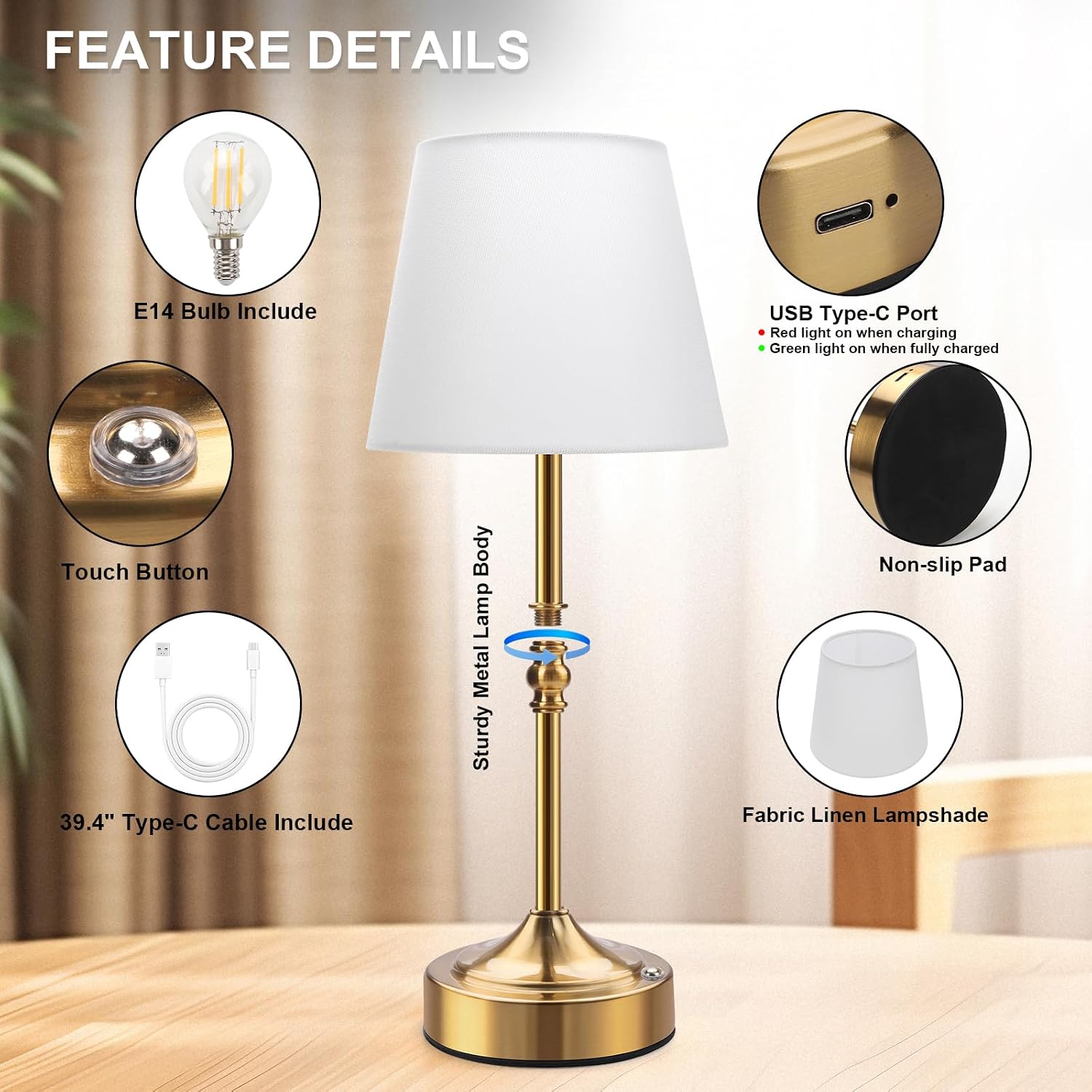 Rechargeable Cordless Table Lamp, 5000mAh Battery Operated Lamp, Wireless 3-Level Dimmable Touch Lamp, Portable Night Bedside Brass Lamp…