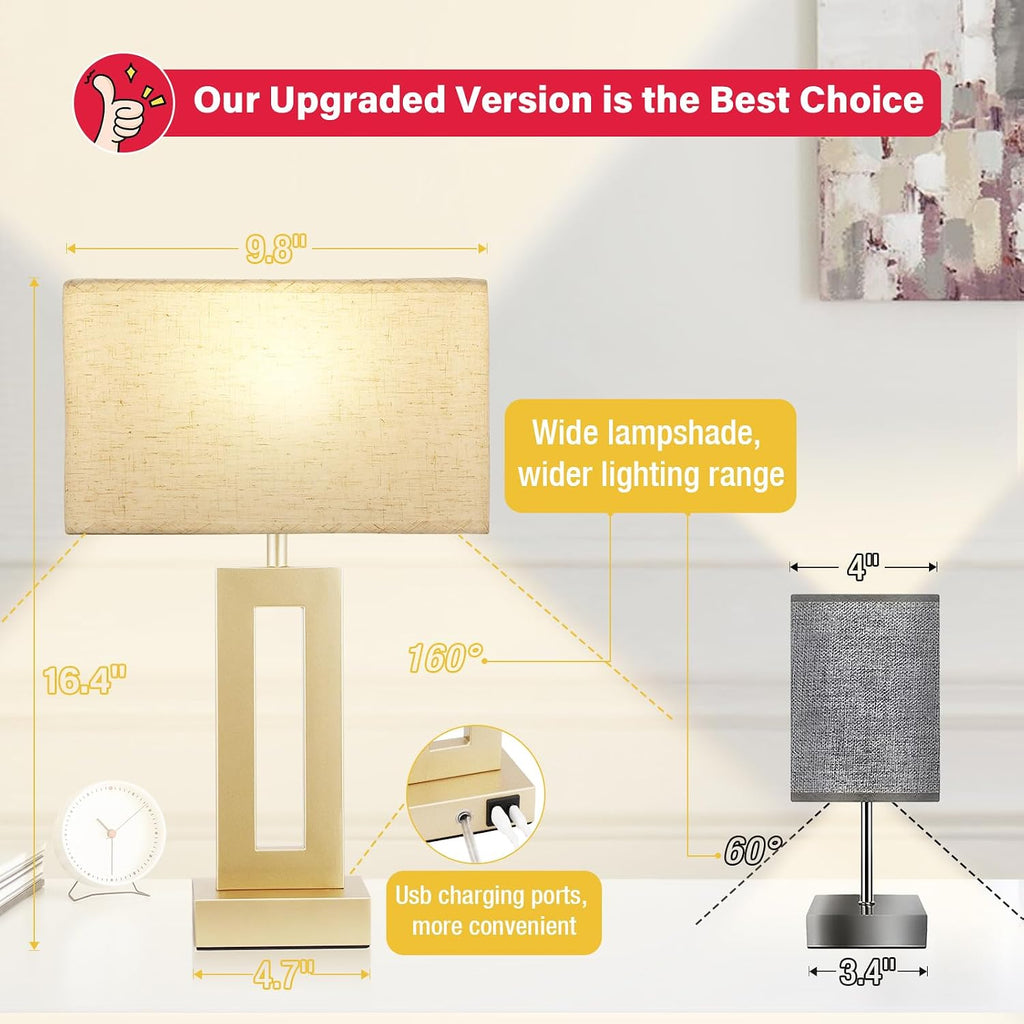 Seealle Bedroom Table Lamps Set of 2 - Beige Gold Touch Bedside Lamps with USB C+A, 3 Way Dimmable Gold Lamp for Nightstand, Modern Night…