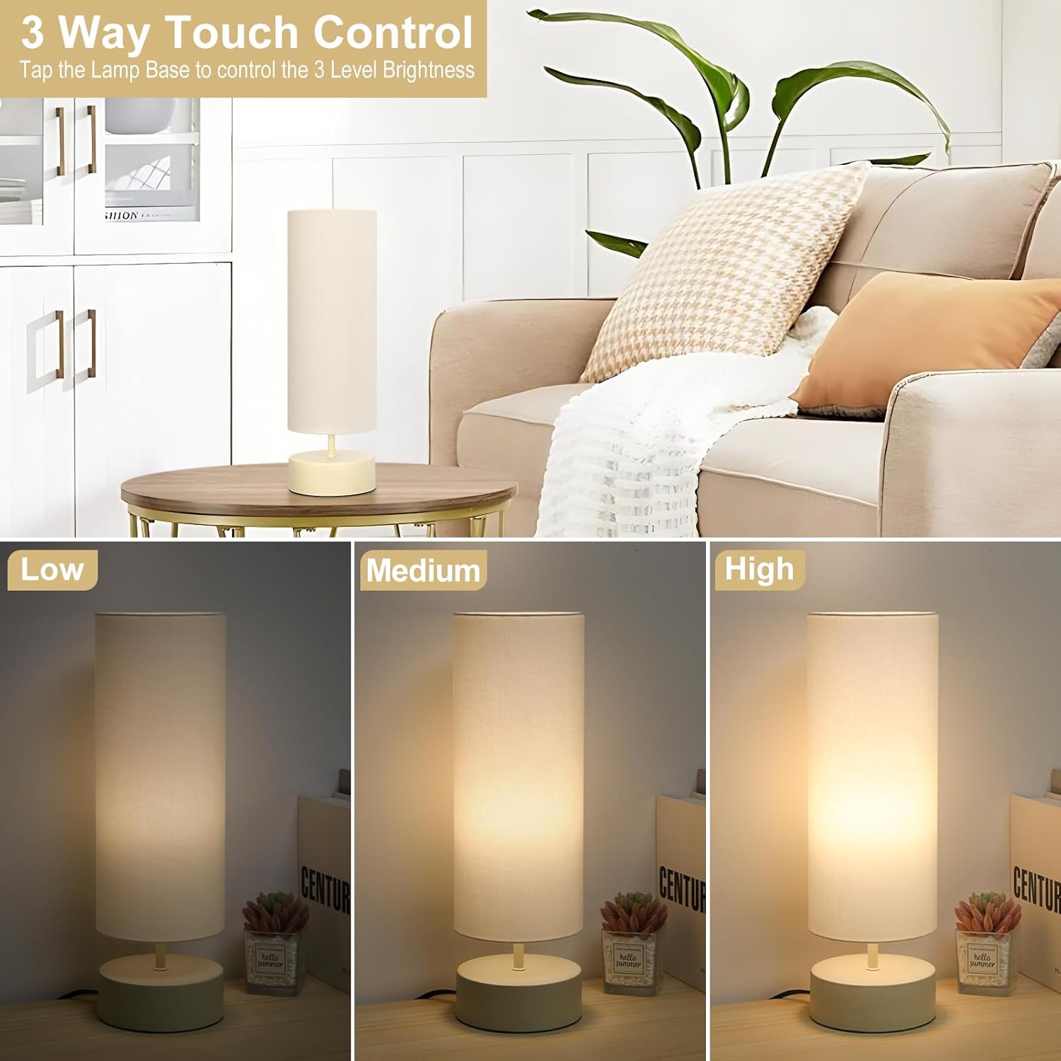 Touch Control Table Lamp, 3 Way Dimmable Bedside Table Lamp with Cream Base, Simple Nightstand Lamp with Beige Shade, Modern Night Light…