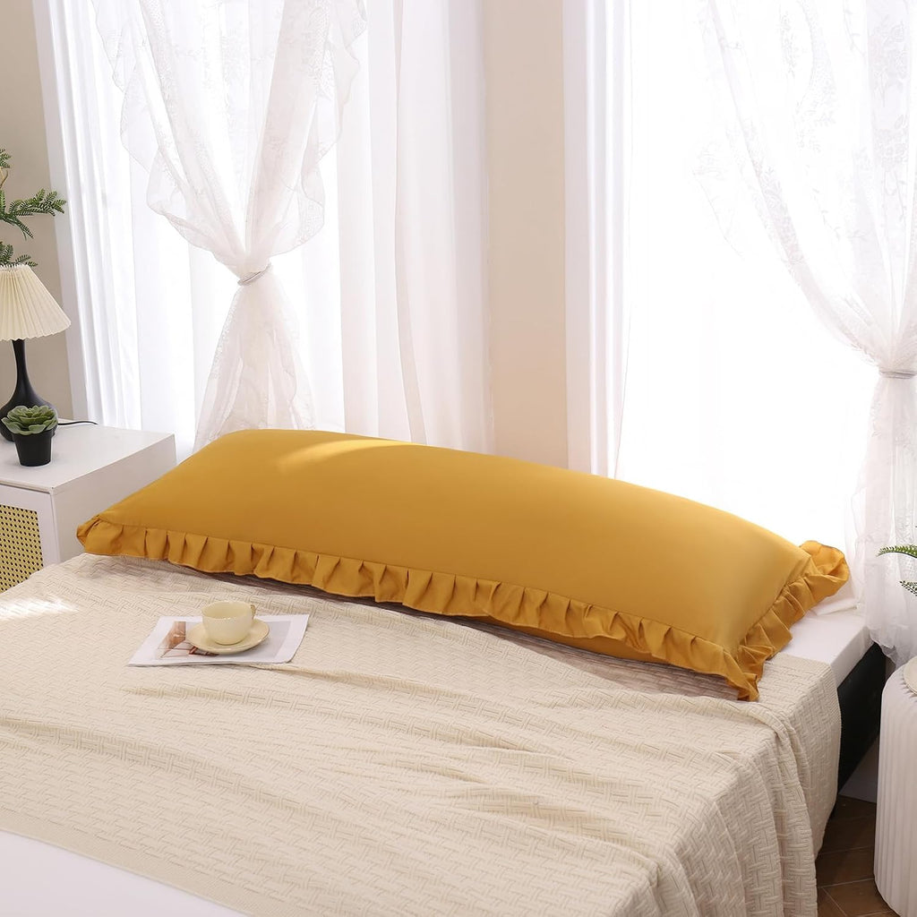 Merryword Mustard Yellow Body Pillow Cover 20x54inches Long Pillowcase Yellow Ruffled Chic Boho Pillowcases Ruffled Fringe Decor Body Ruffl…