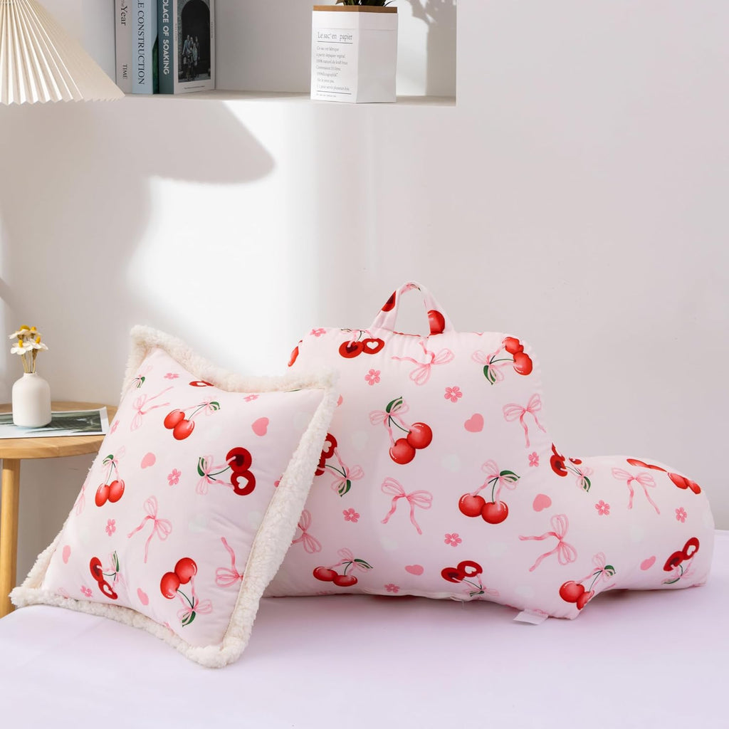 Aimuan Reading Pillow Bed Rest Wedge Backrest Pillow Cherries Bowknot Printed Collections with Arms Sitting in Bed Pink-red