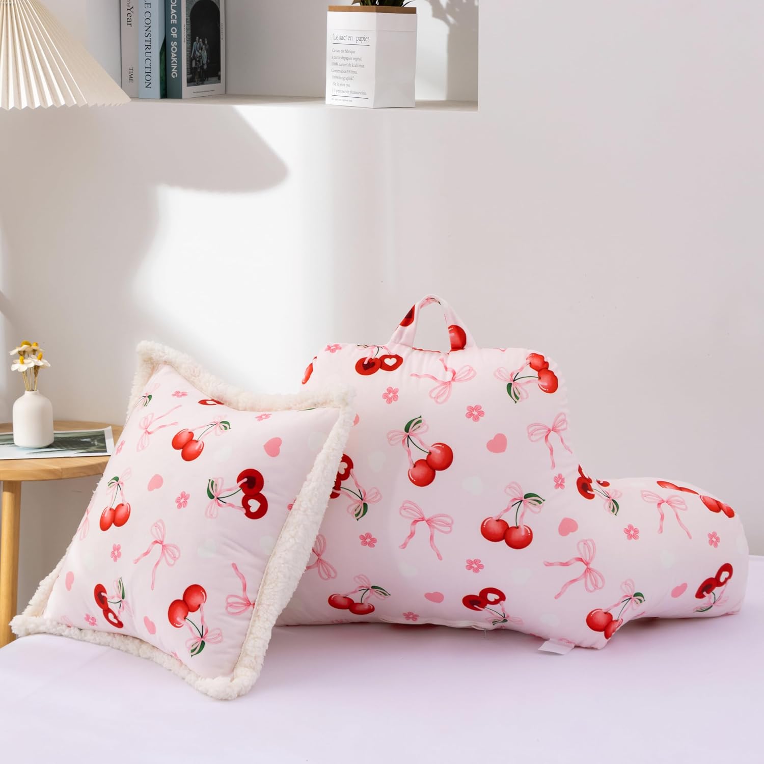 Aimuan Reading Pillow Bed Rest Wedge Backrest Pillow Cherries Bowknot Printed Collections with Arms Sitting in Bed Pink-red