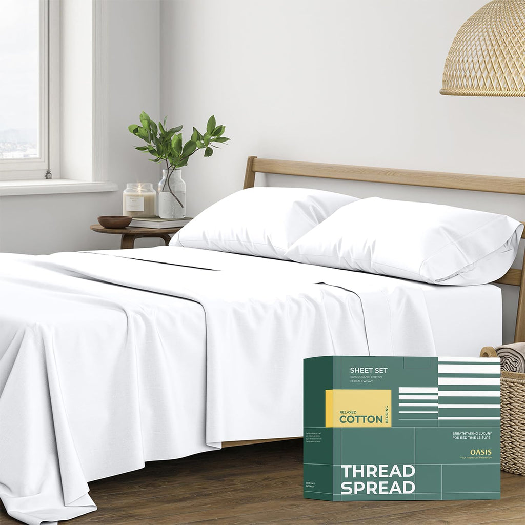 THREAD SPREAD 100% Organic Cotton Sheets - Organic Cotton Percale Weave Sheet Set, Soft, Cooling, Crisp & Breathable, 16" Deep Pocket…
