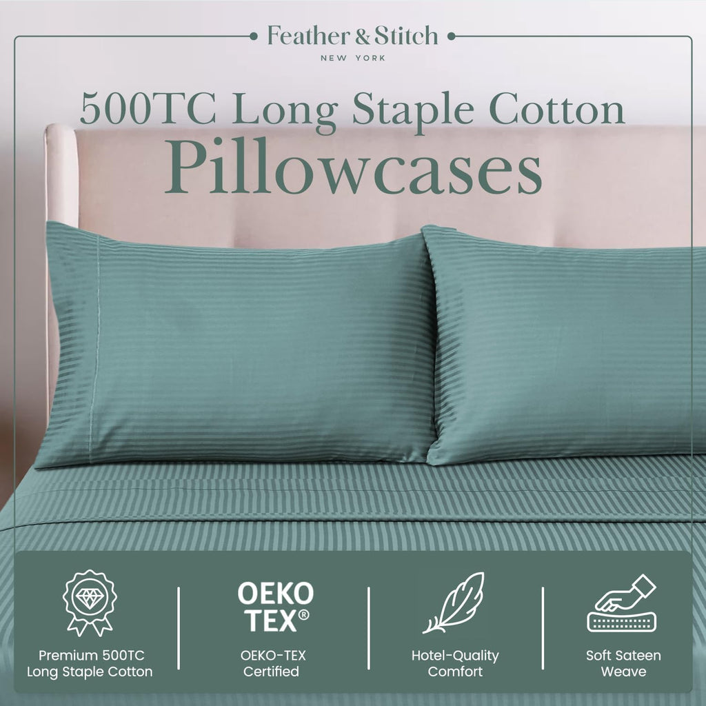 Featherstitchnewyork Feather & Stitch 100% Cotton Standard Pillow Covers Set of 2, 500TC Envelope Closure Pillowcases, Soft Luxury Damask S…