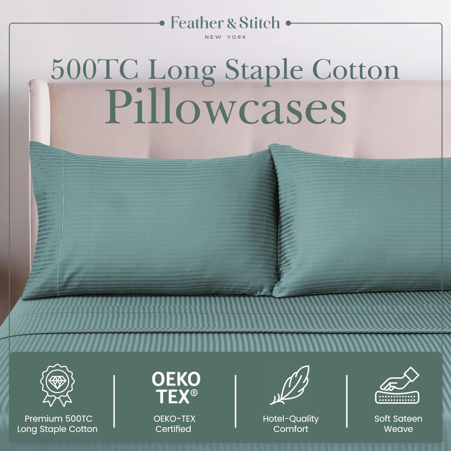 Featherstitchnewyork Feather & Stitch 100% Cotton Standard Pillow Covers Set of 2, 500TC Envelope Closure Pillowcases, Soft Luxury Damask S…