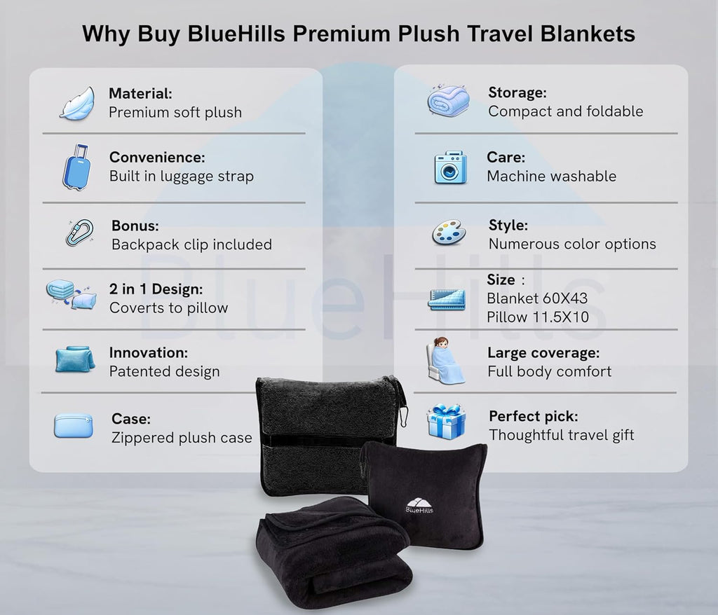 BlueHills 2-Pack Premium Soft Travel Blanket Pillow Airplane Blanket for Two in Soft Bag Pillowcase with Hand Luggage Belt and Backpack…