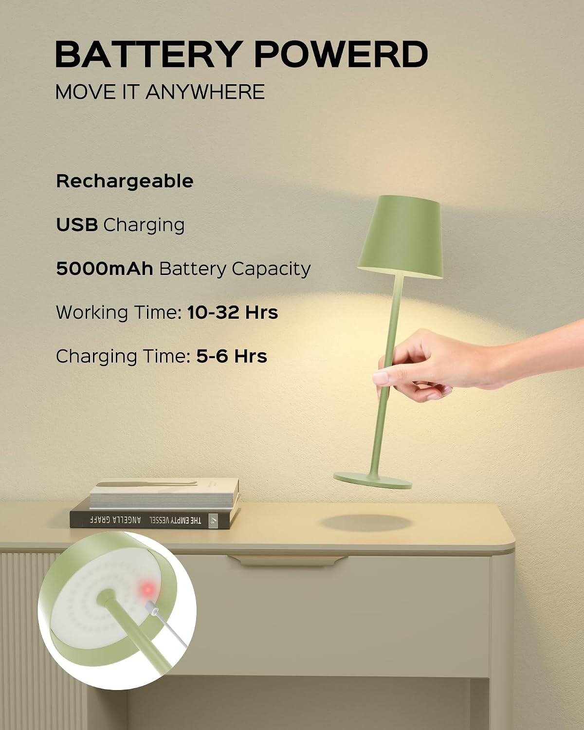 Cordless Table Lamps Rechargeable, 3 Adjustable Height, 5000mAh Battery Operated, 3 Colors Smooth Dimming, Portable LED Waterproof Table…