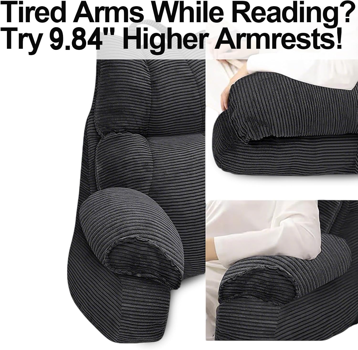 RRPAHWTV Reading Pillow for Bed with High Arm Rests, Back Support Pillow for Sitting Up in Bed with Shredded Memory Foam for Reading, TV…