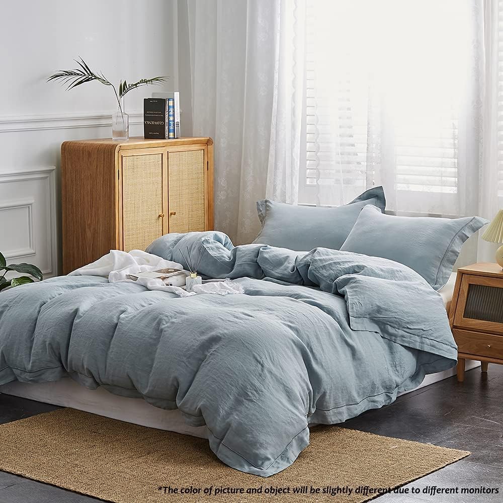 Simple&Opulence 100% Washed Linen Duvet Cover Set with Embroidered,3 Pieces Soft Farmhouse Comforter Set with Button Closure…