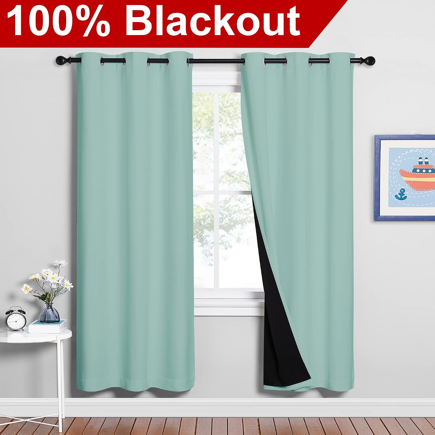Nicetown 100% Blackout Window Curtain Panels, Full Light Blocking Drapes with Black Liner for Nursery, 72-inch Drop Thermal Insulated Drape…