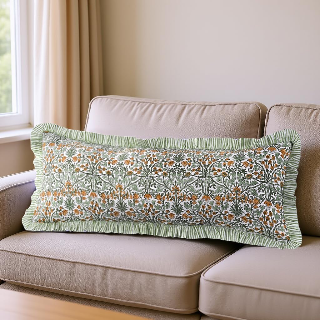 Ridhi Block Print Goldenrod Yellow 36"x14" Set 1-100% Cotton Ruffle Lumbar Sham Cover Boho Floral Pillowcase, Farmhouse Cottagecore…