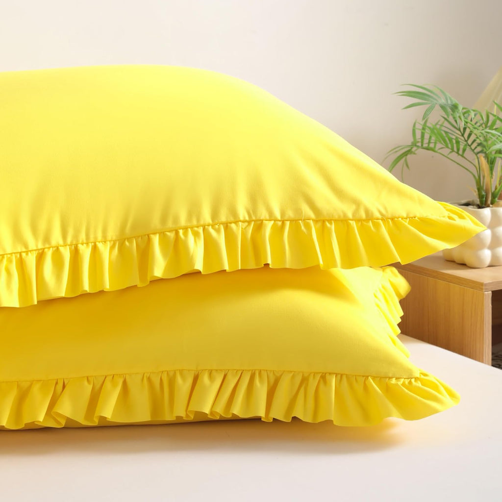 Bedsum Ruffled Pillow Shams, Queen 20x30 Set of 2, Brushed Microfiber Pillowcases with Envelope Closure, Soft Wrinkle-Resistant, Yellow