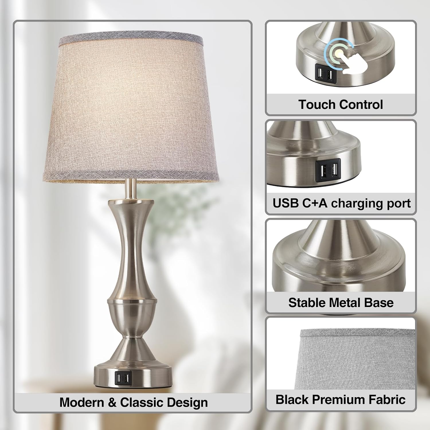 Touch Table Lamps Set of 2, 22" Tall Bedside Lamps, Nightstand Lamps with USB C+A Charging Ports, Dimmable Lamp for Bedrooms, Living…