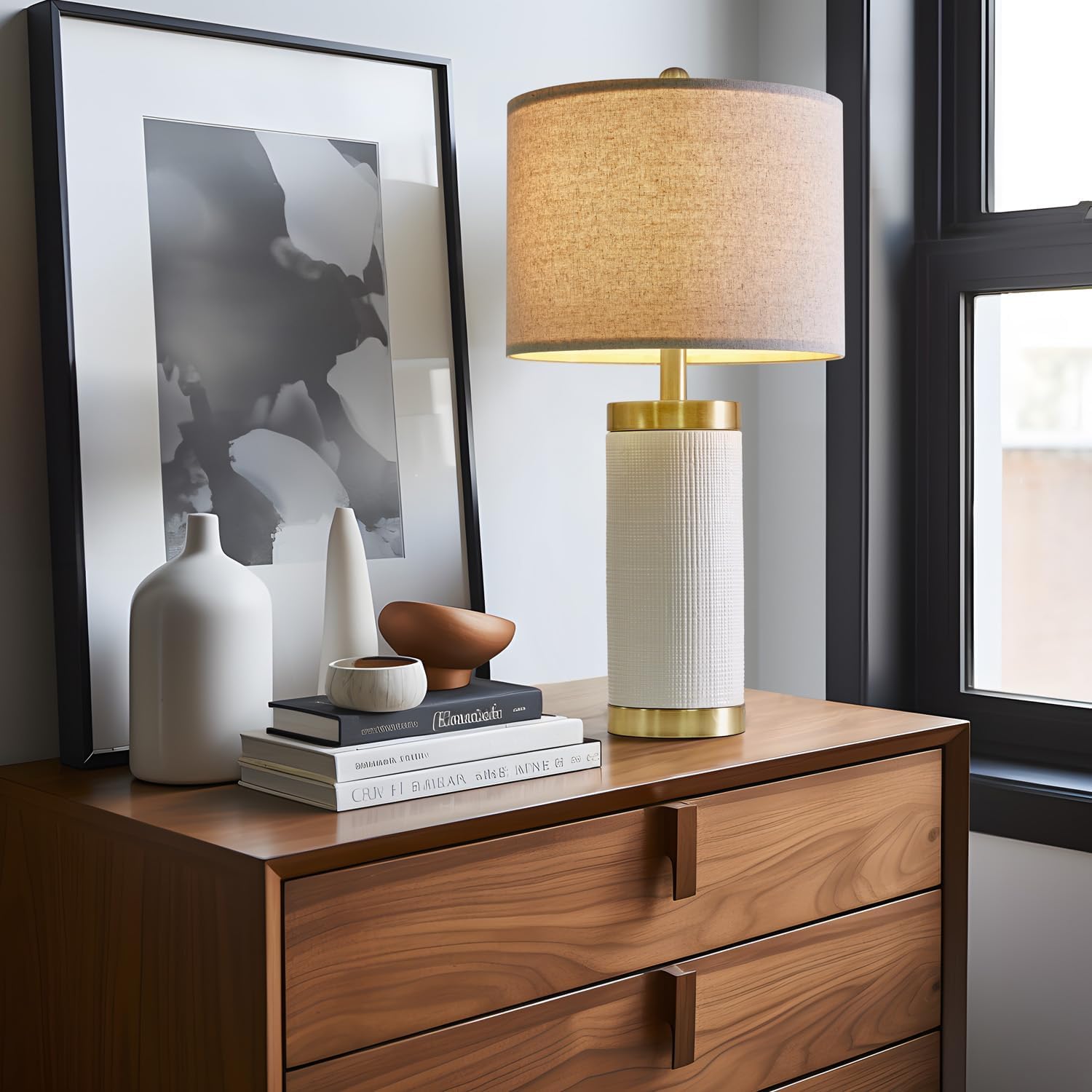 USumkky 24.5" Modern Ceramic White Bedside Lamp for Bedroom Decor Farmhouse Table Lamp for Living Room Office Dorm