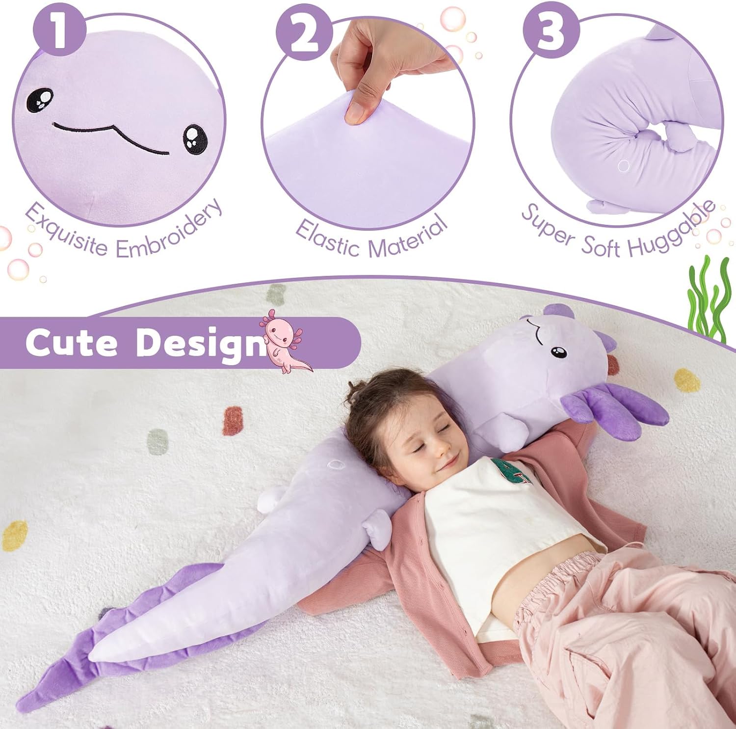 MaoGoLan Giant Axolotl Plush Toy Stuffed Animal, Huge Axolotl Body Pillow for Kids Girl Boy, Long Purple Salamander Plush Glow in The…