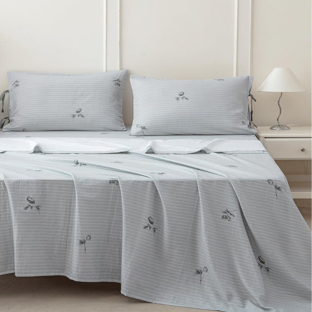 FADFAY 100% Cotton Double Gauze Muslin Sheet Set, Gray Striped Floral Bed Sheets with Bow Tie Detail, Ultra Soft Breathable Cooling…