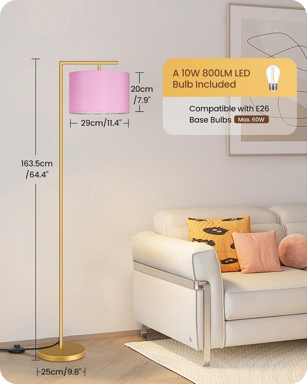 Goebleson Modern Gold Arc Floor Lamp, Corner Tall Lamp with Remote, Arched Reading Light with Fabric Shade, Floor Lighting for Living Room,…