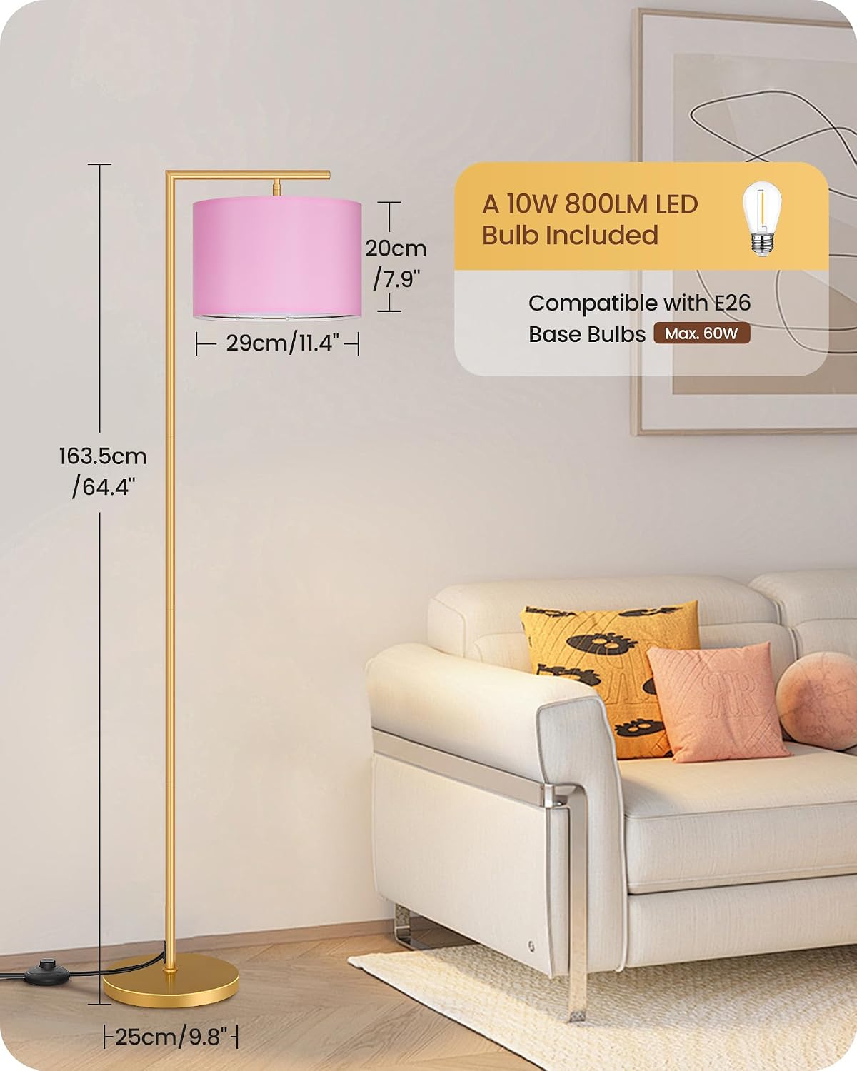 Goebleson Modern Gold Arc Floor Lamp, Corner Tall Lamp with Remote, Arched Reading Light with Fabric Shade, Floor Lighting for Living Room,…