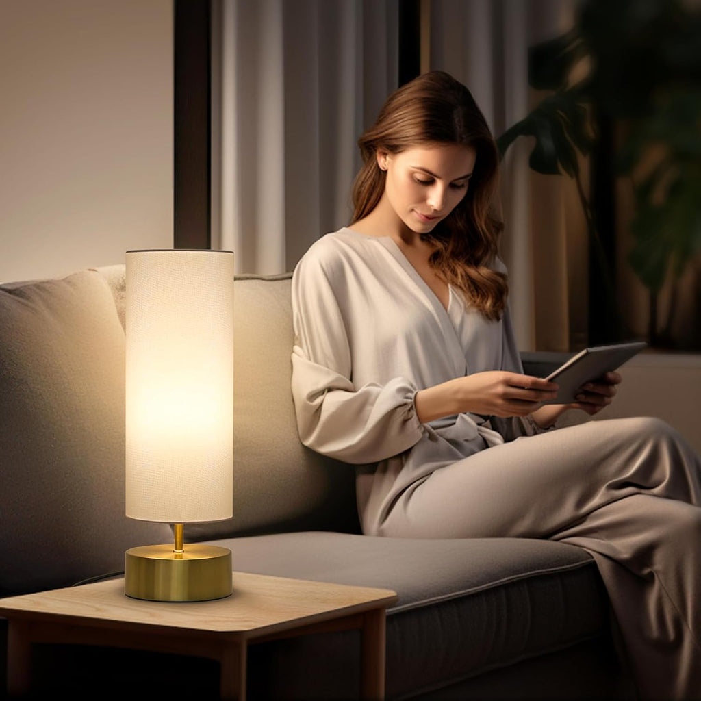 3-Way Dimmable Table Lamp, Touch Control Nightstand Lamp with White Lampshade, Gold Modern Bedside Touch Lamp Simple Side Table Lamp…