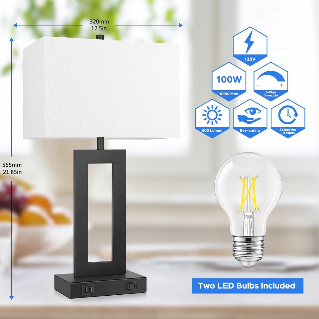Tobusa Set of 2 Modern Touch Control Table Lamps with 2 USB Ports, 22’’ Large Bedside Nightstand Lamps 3-Way Dimmable Desk Lamp With White…