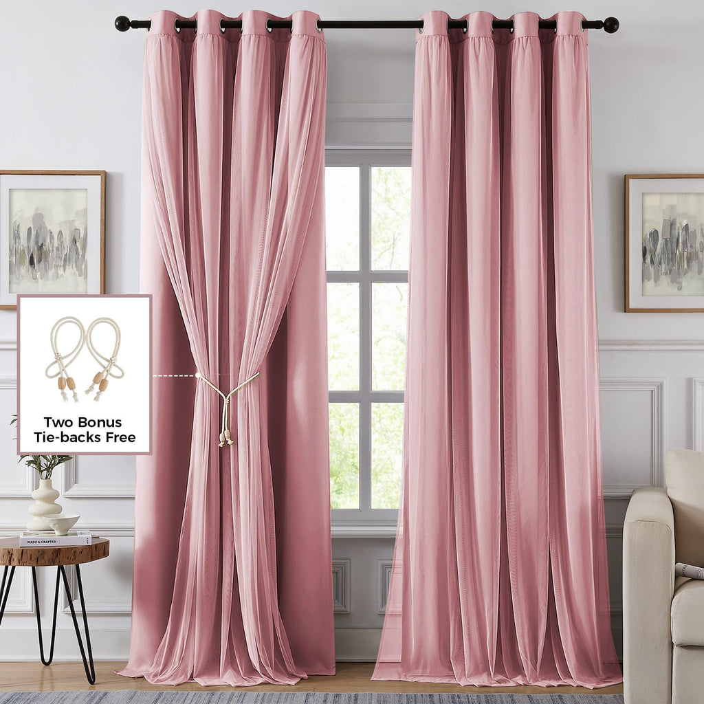 Swandream Blackout Curtains for Bedroom, Double Layer Pink Curtains, Black Out Curtain 72 inch Long with Sheer Overlay for Living Room, Roo…
