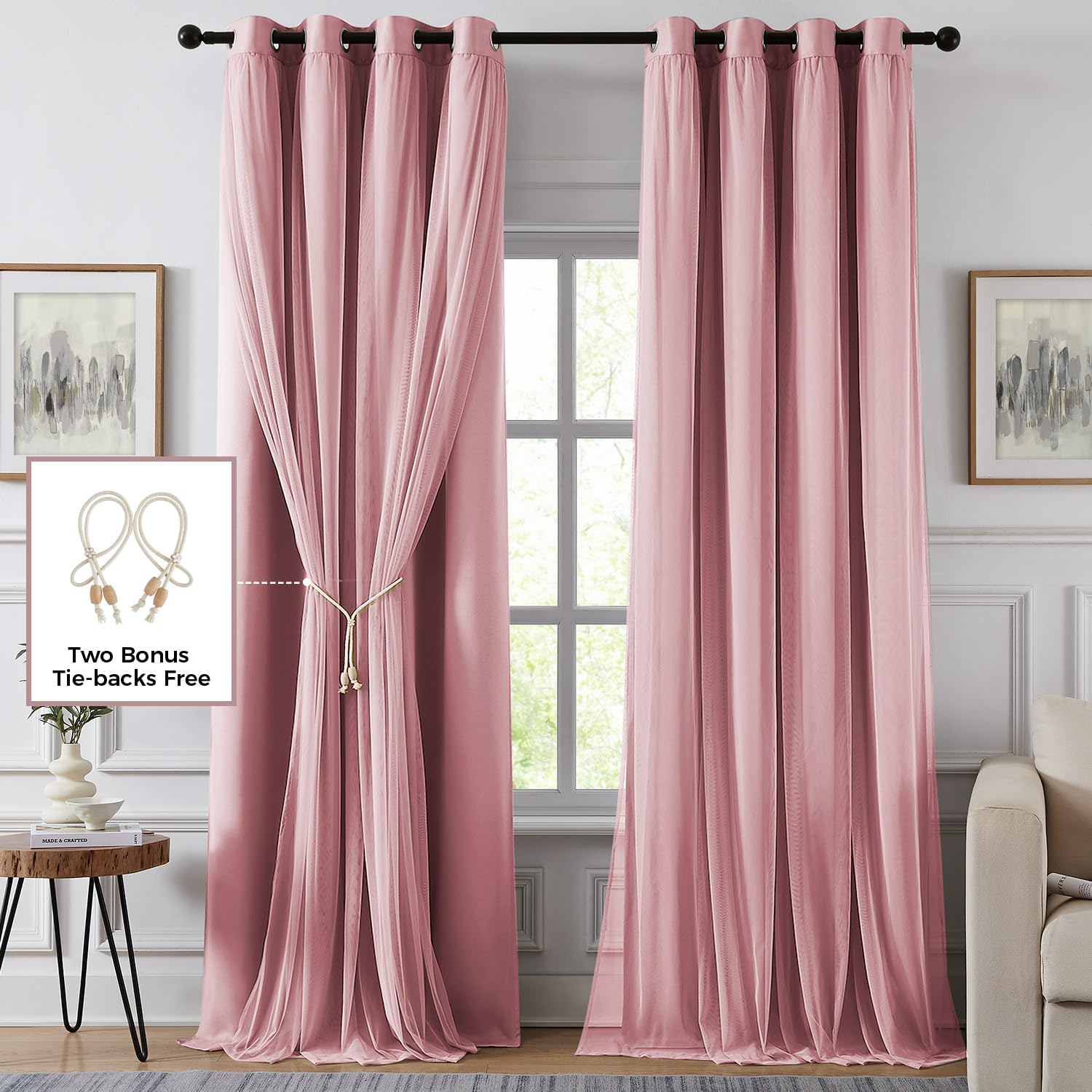 Swandream Blackout Curtains for Bedroom, Double Layer Pink Curtains, Black Out Curtain 72 inch Long with Sheer Overlay for Living Room, Roo…