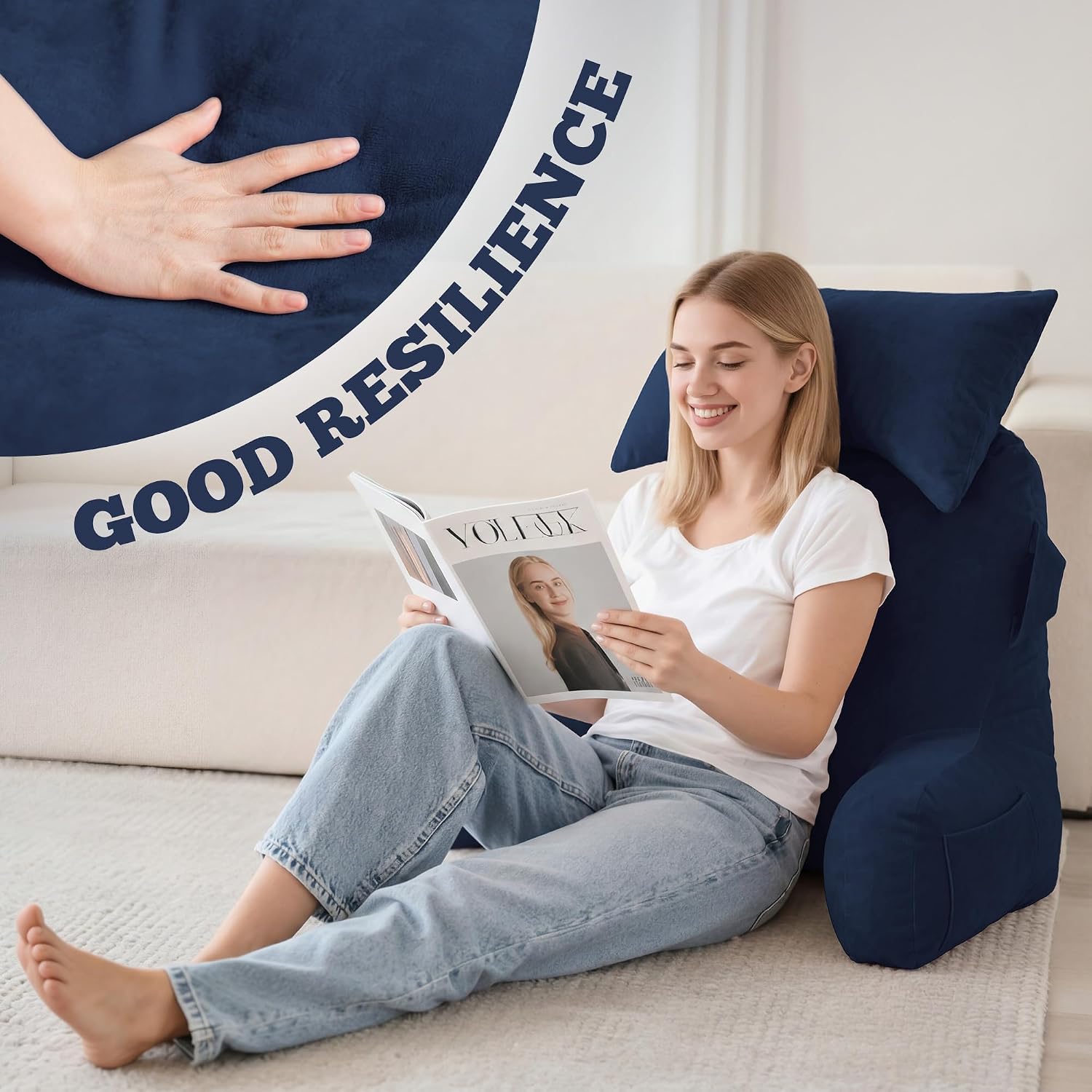 Unisakey Portable Reading Pillows with Headrest for Bed Sitting Up(Royal Blue Oeko-Tex), Velvet Back Pillow with Arms & Pockets for…