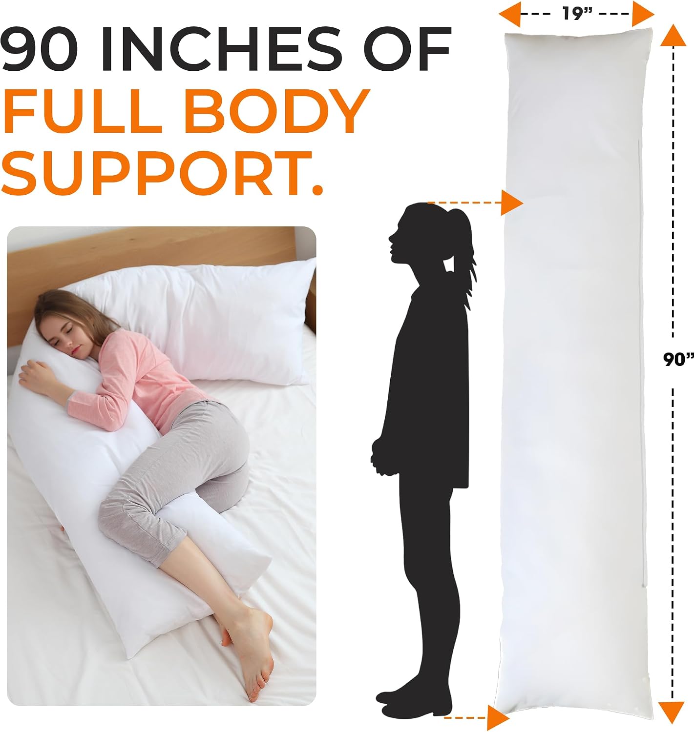 Cheer Collection Extra Long Body Pillow for Side Sleeper, Pregnancy, Neck and Shoulder Support - Zippered Cover (19" x 90")