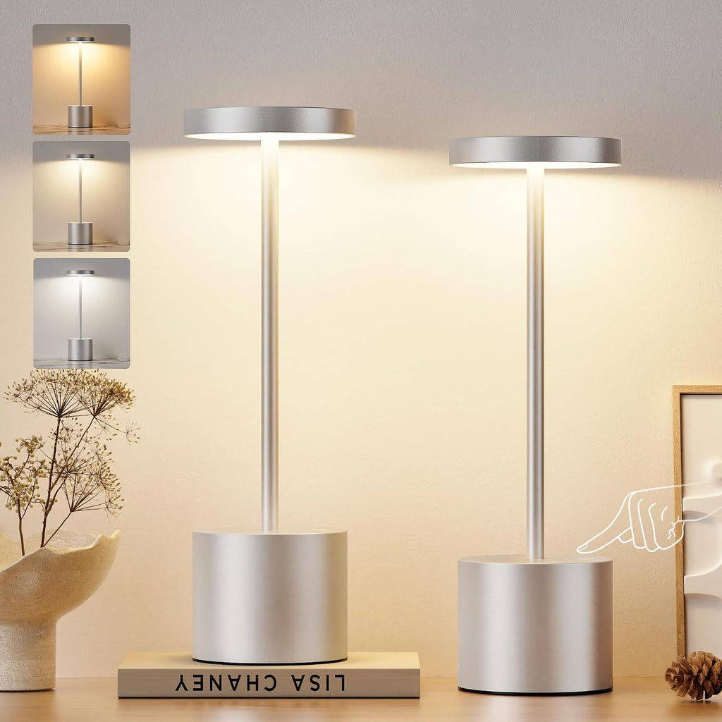 Kakanuo Silver Gray Cordless Lamp Set, Rechargeable Lamp, 3 Color Temperature, LED Outdoor Wireless Lamps, Battery Operated Lamps…