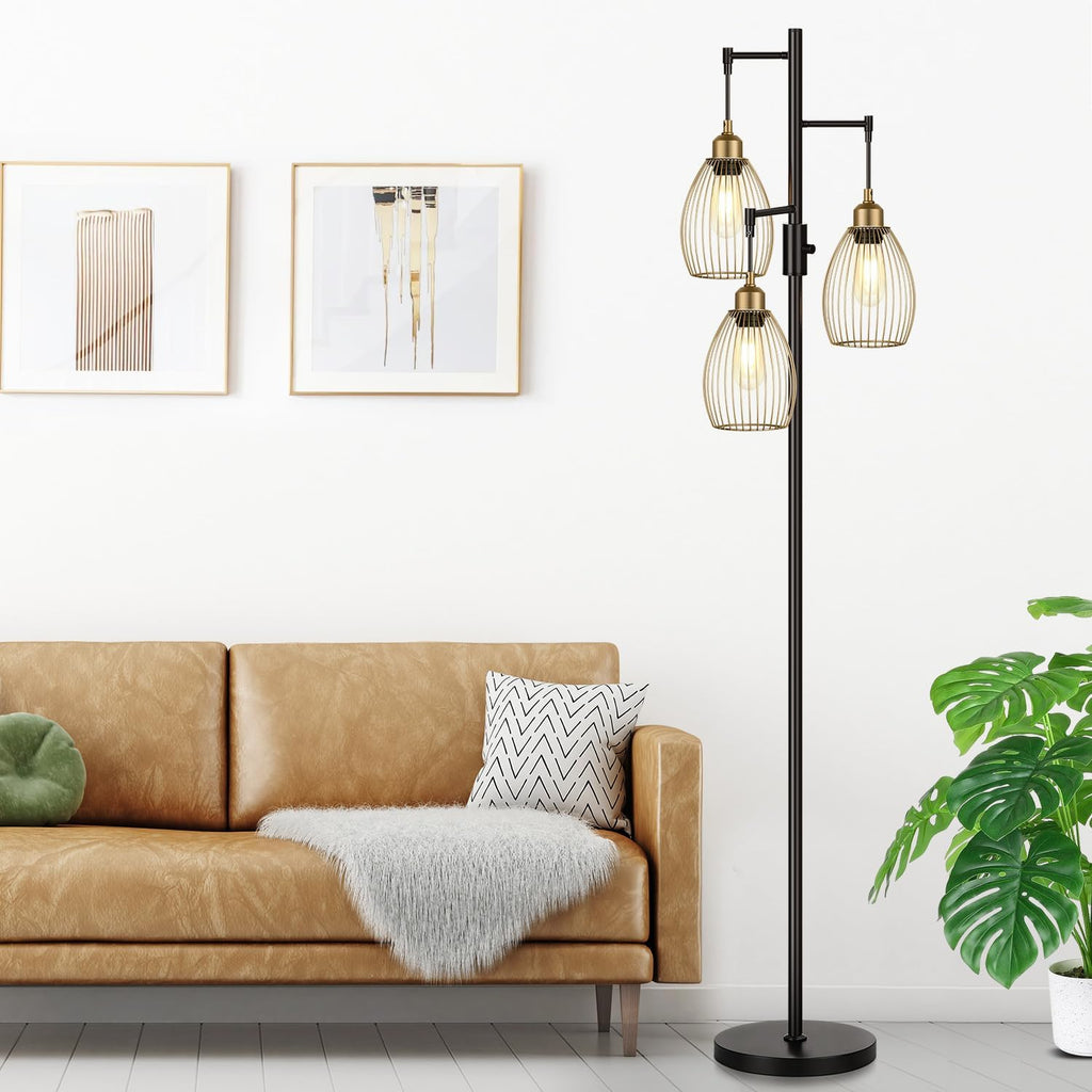 Dimmable Floor Lamp, Industrial Floor Lamps for Living Room, Gold and Black Tree Lamp Standing Lamp Tall Lamps with 3 Elegant Teardrop…