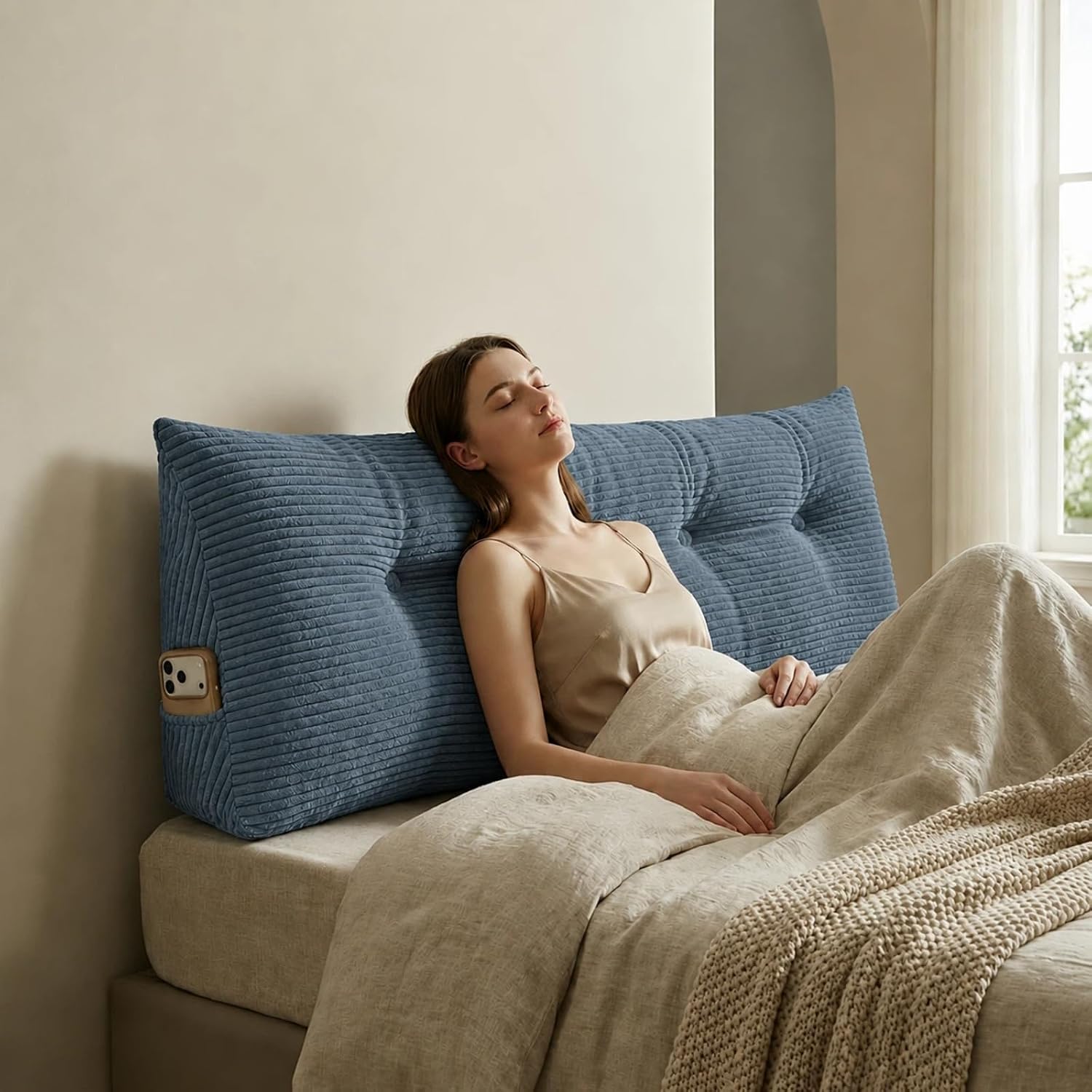 Wedge Reading Pillow Headboard Full Size, Headboard Bolster Pillow for Bed, Triangular Backrest Cushion with Removable Corduroy Cover, Blue