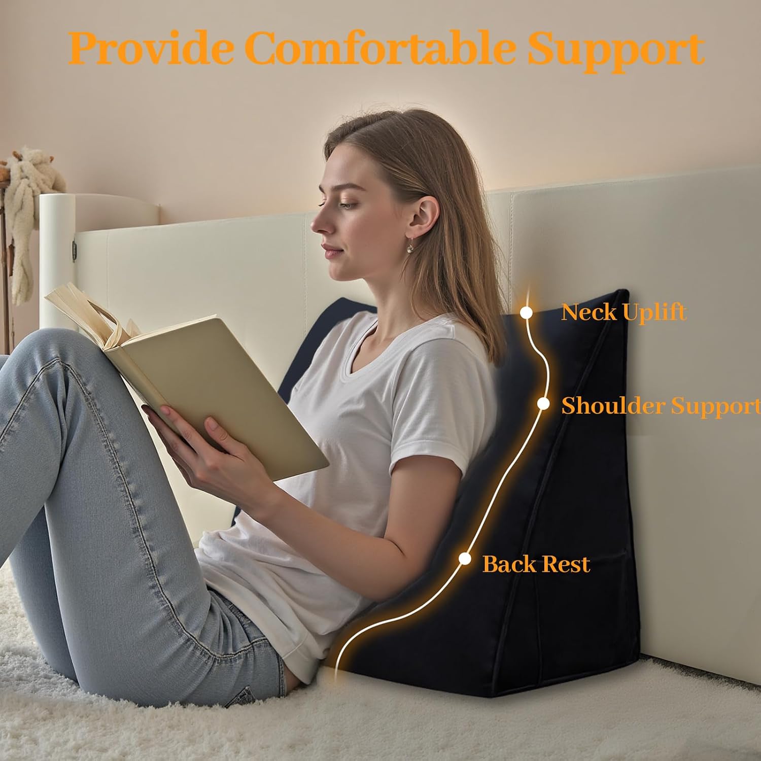 Wedge Headboard Pillow Reading Backrest Pillow for Sitting in Bed Sofa Dorm with Removable Cover Side Pockets Dutch Velvet Fabric Black