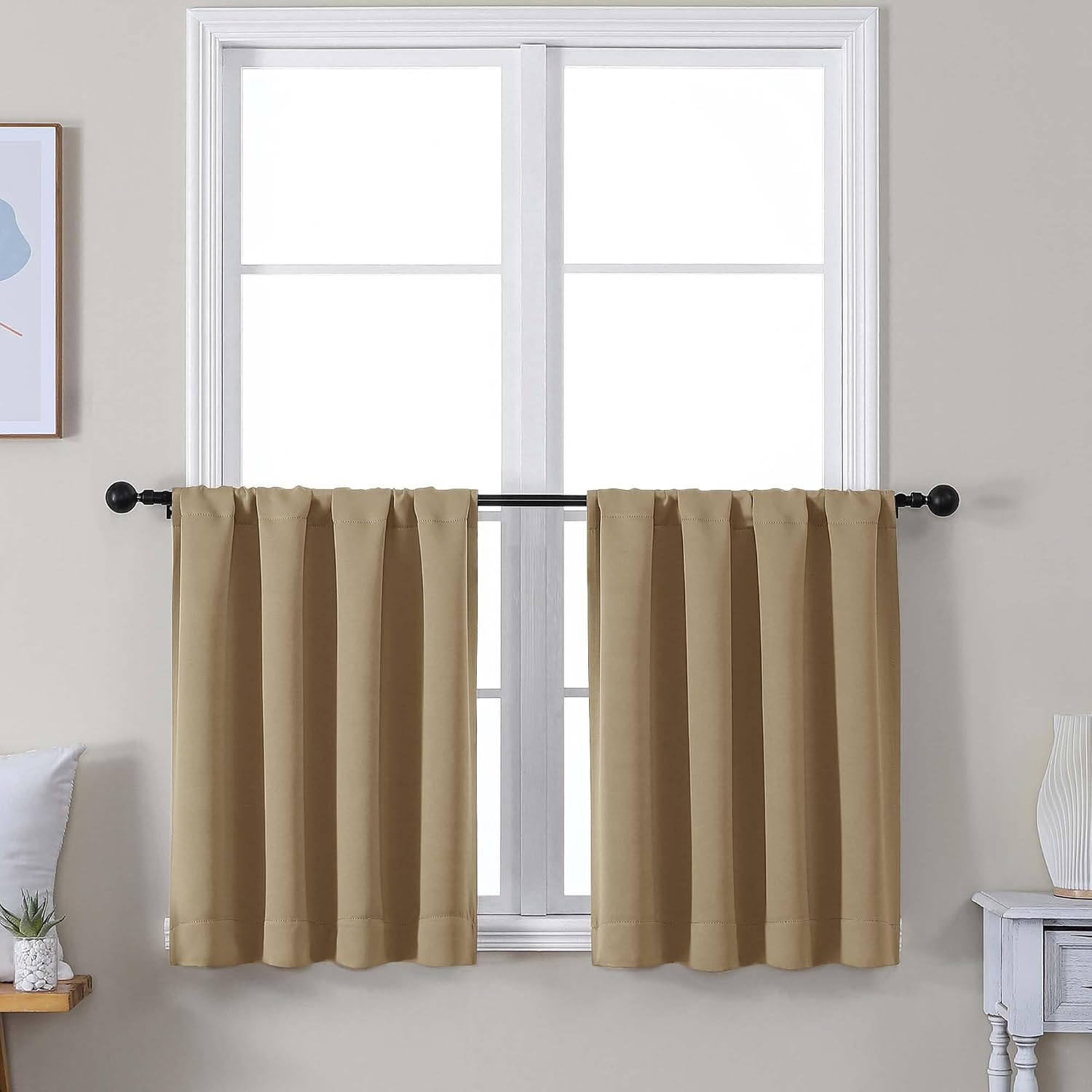 Simplebrand Ava Taupe Short 24 Inches Blackout Curtain 2 Panels Set, Half Window Rod Pocket Privacy Curtain Tiers for Kitchen, Curtains Bla…