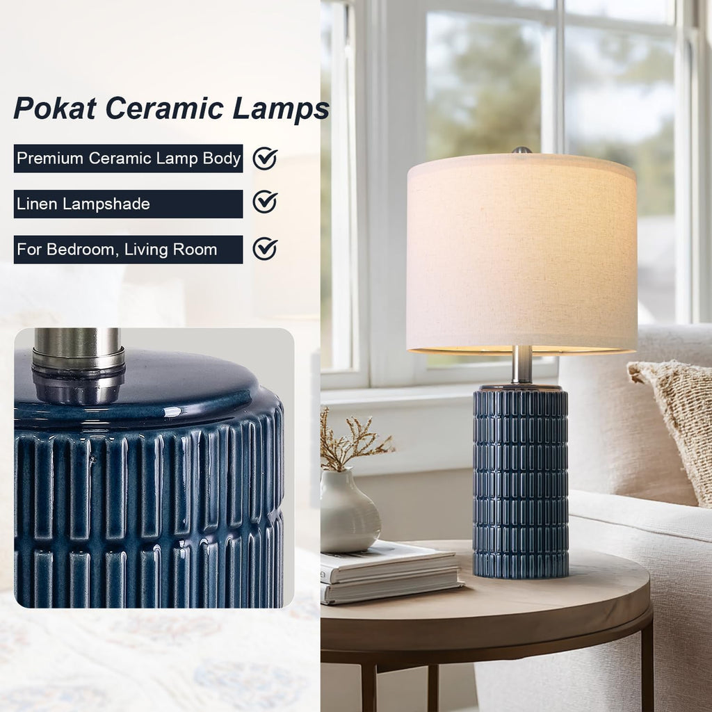 PoKat 20.75" Small Blue Table Lamps, Farmhouse Bedside Lamps for Bedroom Set of 2, Ceramic End Table Lamps for Night Stands Living Room…