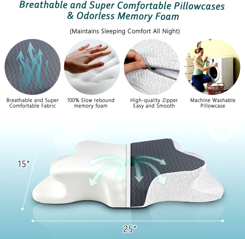 CHxxy Cervical Pillow for Neck, Memory Foam Pillows, Ergonomic Contour Bed Pillow, Soft for Side Sleep Stomach Sleeping and Back Sleepers-…