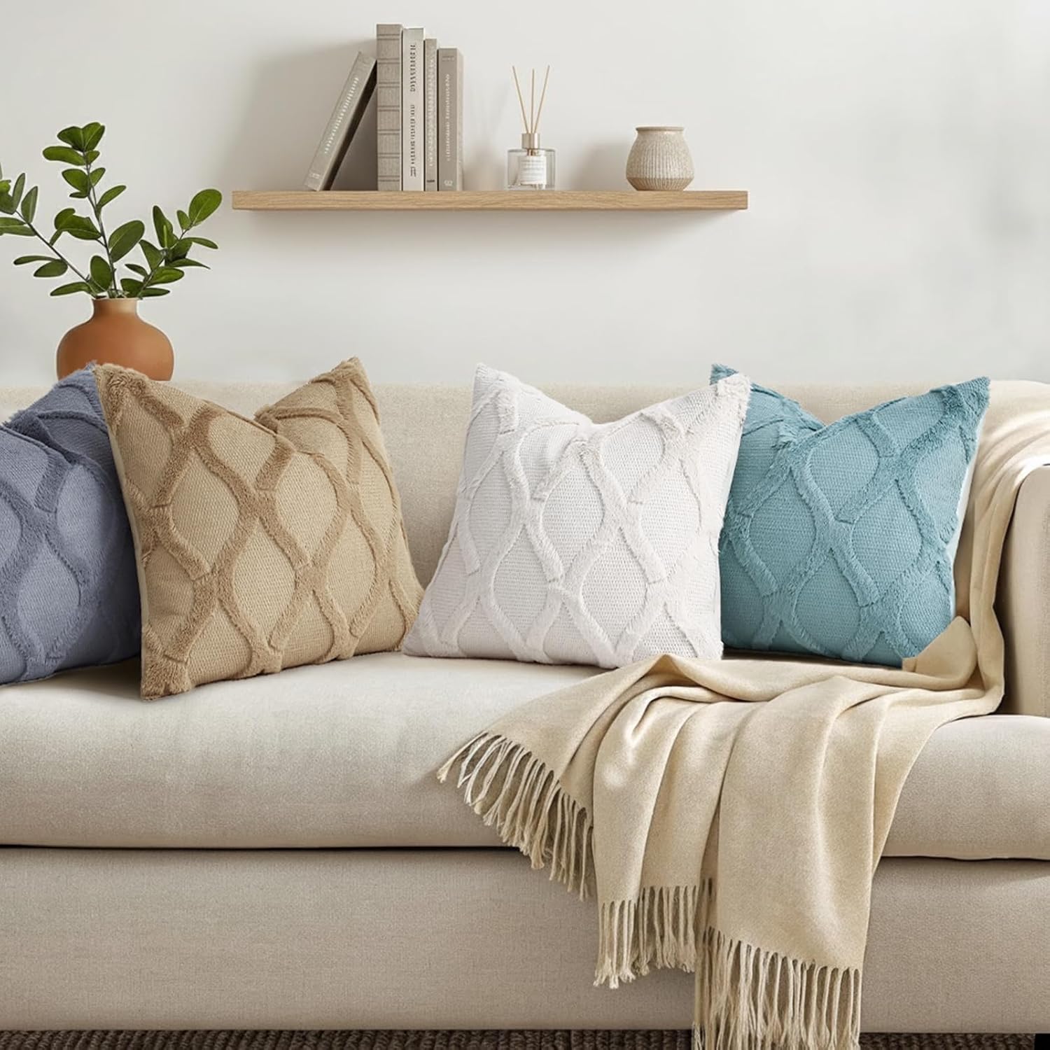 decorUhome Summer Throw Pillow Covers 12x20 Inch Set of 2, Soft Plush Faux Fur Wool Lumbar Cream White Accent Couch Pillow Covers for Moder…