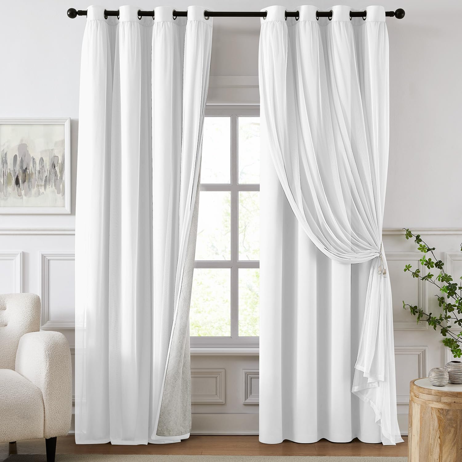 Swandream Blackout Curtains for Bedroom, Double Layer White Curtains, Black Out Curtain 108 inch Long with Sheer Overlay for Living Room, R…