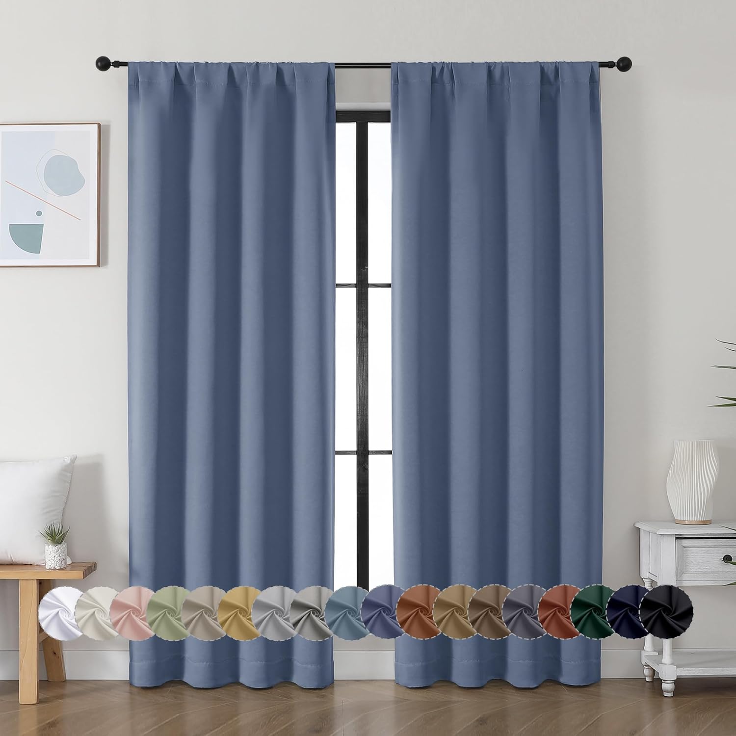 Simplebrand Ava Denim Blue Blackout Curtains for Bedroom, 72 Inch Length, 2 Panels, Privacy Thermal Insulated Rod Pocket Curtains for Patio…