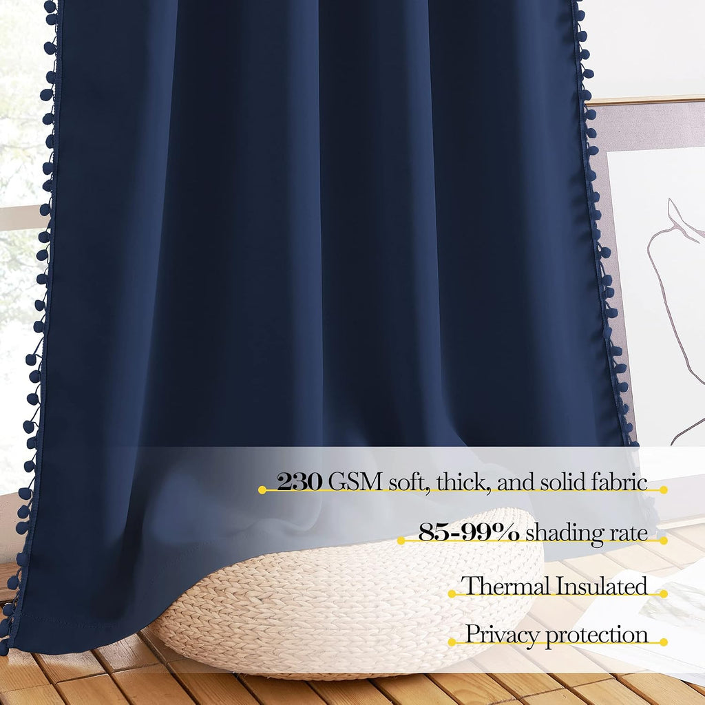 NICETOWN Navy Blue Blackout Curtains with Pompoms, Farmhouse Solid Privacy Window Curtains & Drapes Rod Pocket Curtain Shades for Living…