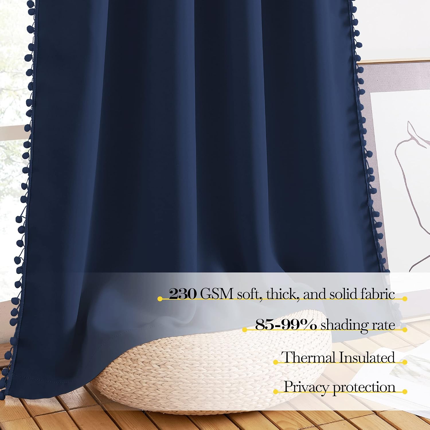 NICETOWN Navy Blue Blackout Curtains with Pompoms, Farmhouse Solid Privacy Window Curtains & Drapes Rod Pocket Curtain Shades for Living…